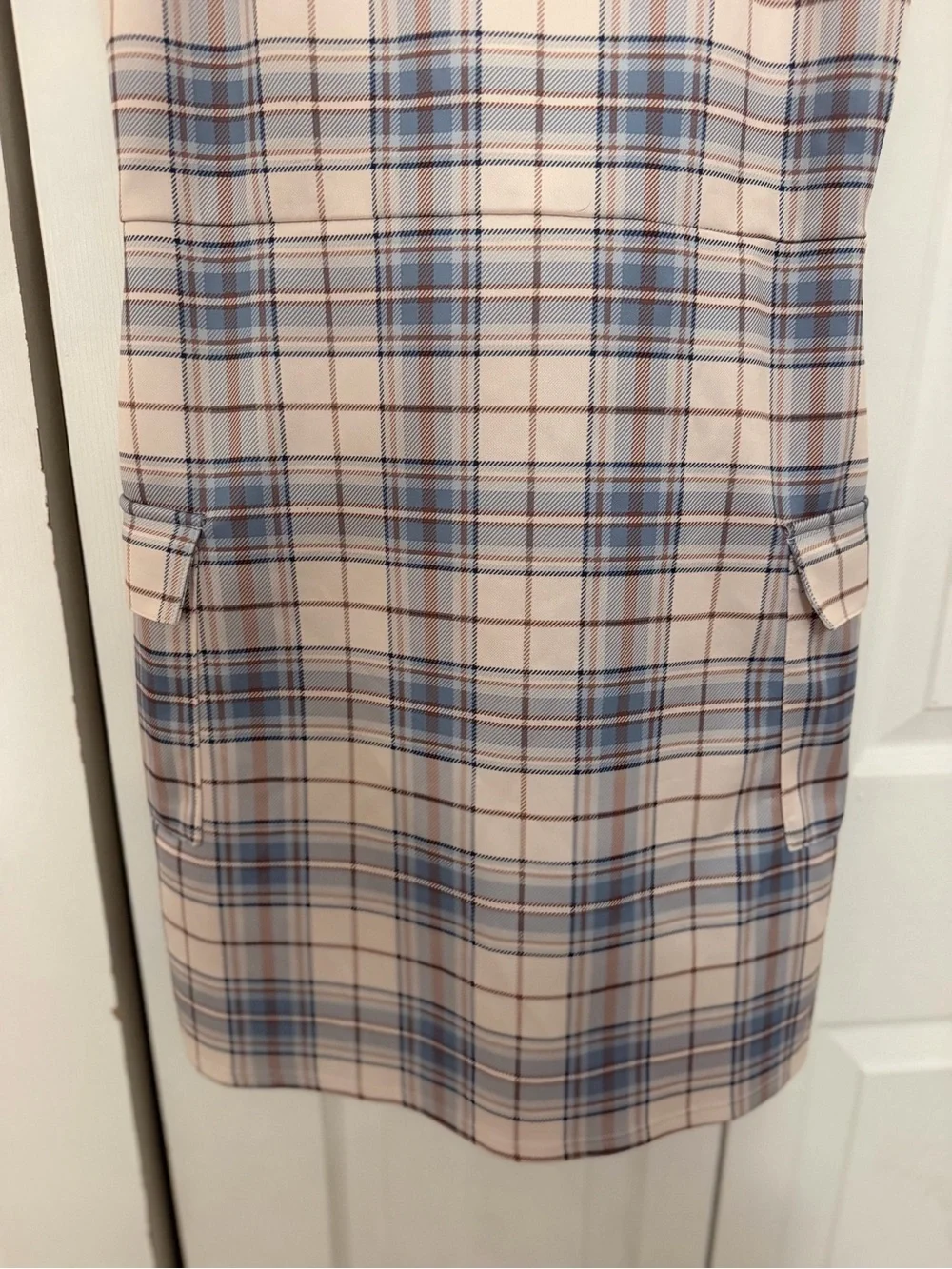 Beauties by Amy Byer Beige and Blue Plaid Pinafore Mini Dress